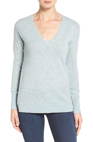 Women's Halogen V-neck Cashmere Sweater, Size - Blue/green