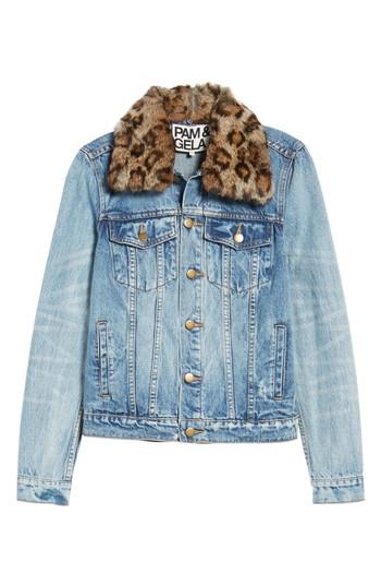 Women's Pam & Gela Denim Jacket With Detachable Genuine Fur Collar