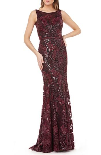 Women's Carmen Marc Valvo Infusion Sequin Floral Gown - Burgundy