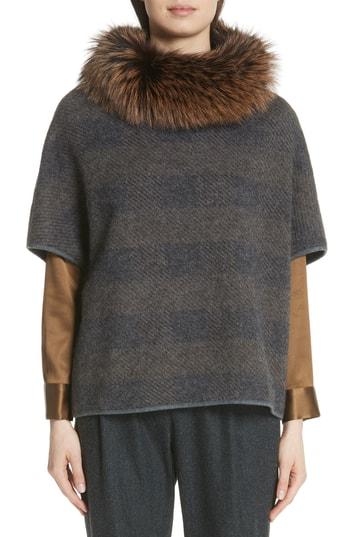 Women's Fabiana Filippi Knit Poncho With Removable Genuine Fox Fur Collar - Brown