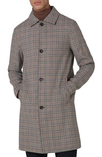 Men's Topman Houndstooth Overcoat, Size - Brown