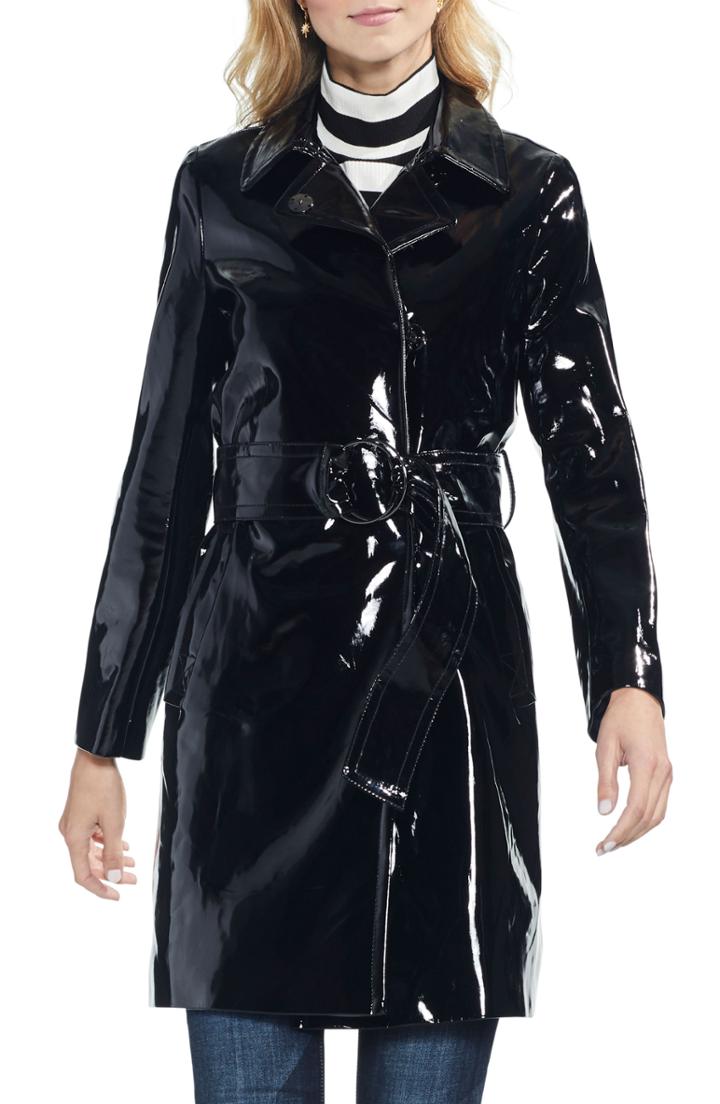Women's Vince Camuto Faux Patent Leather Belted Jacket - Black