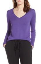 Petite Women's Halogen Cotton Blend V-neck Sweater, Size P - Purple