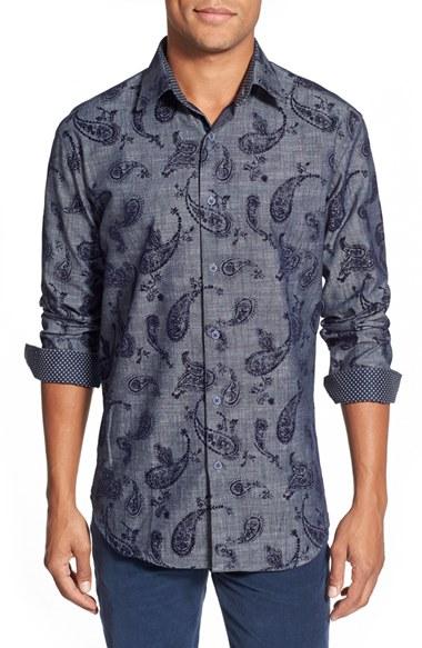 Men's Bugatchi Shaped Fit Sport Shirt, Size - Blue