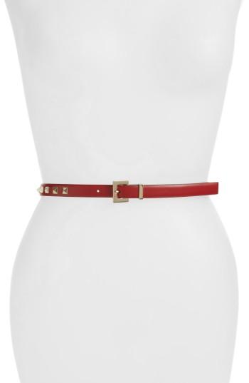Women's Valentino Garavani Rockstud Skinny Calfskin Leather Belt - Rosso V