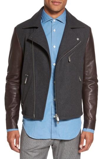 Men's Eleventy Leather & Flannel Moto Jacket R Eu - Grey