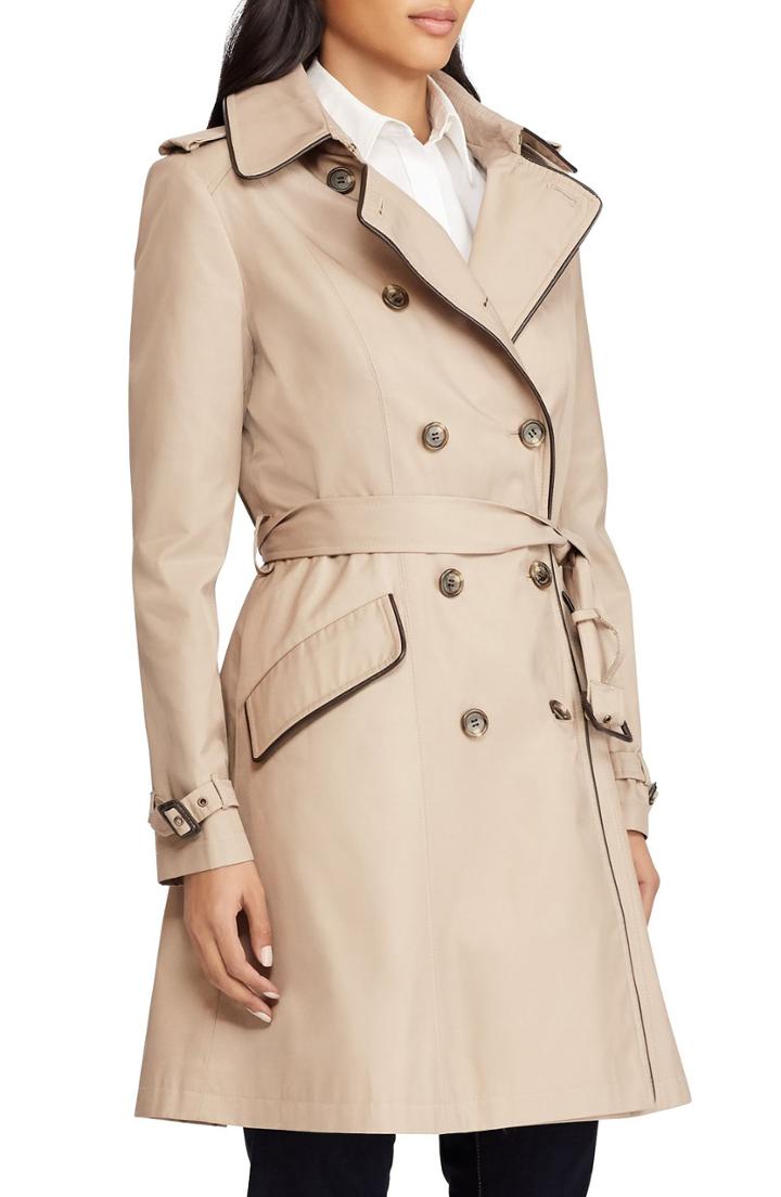 Petite Women's Lauren Ralph Lauren Double Breasted Short Trench Coat P - Beige