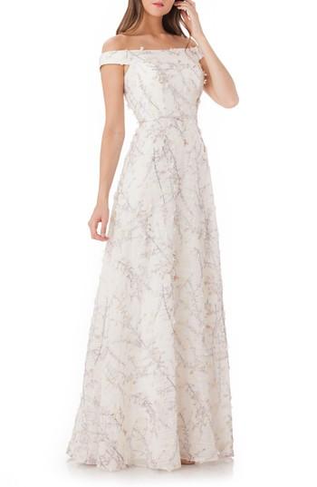 Women's Carmen Marc Valvo Infusion 3d Embroidery Off The Shoulder Gown - Beige