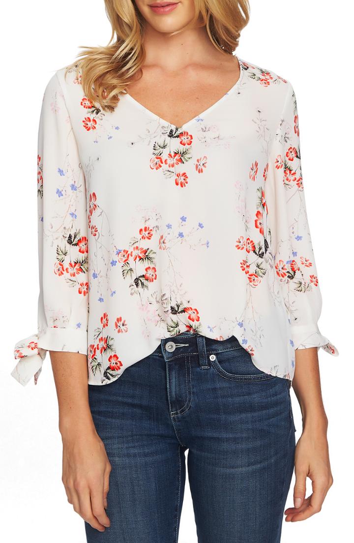 Women's Cece Floral Tie Sleeve Blouse - Ivory