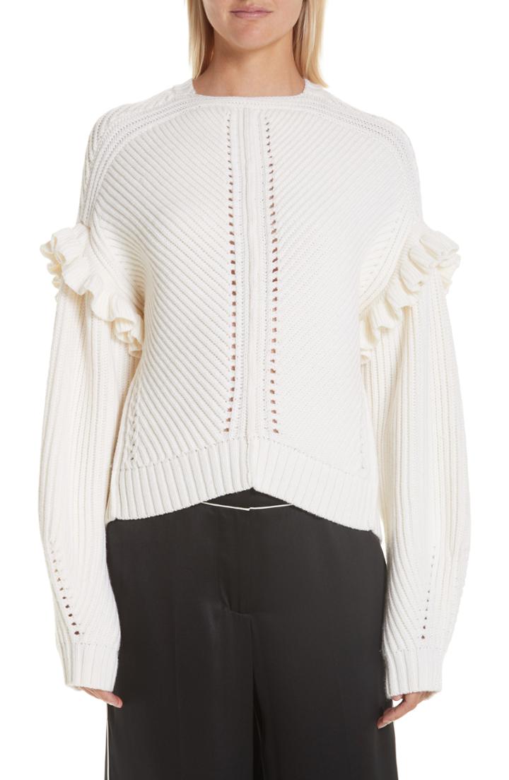 Women's Grey Jason Wu Ruffle Trim Merino Wool Sweater - White