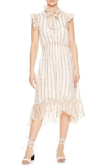 Women's Sandro Ruffled Metallic Stripe Midi Dress Us / 34 Fr - Pink