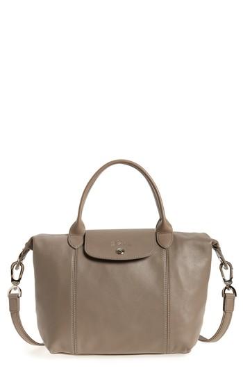 Longchamp Small 'le Pliage Cuir' Leather Top Handle Tote - Grey