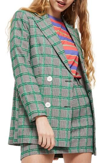 Women's Topshop Double Breasted Windowpane Plaid Jacket Us (fits Like 0) - Green