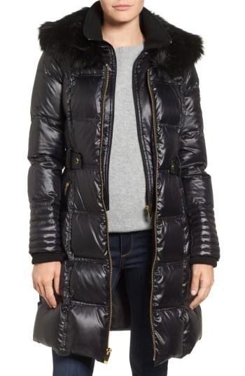 Women's Via Spiga Quilted Coat With Faux Fur Trim - Black