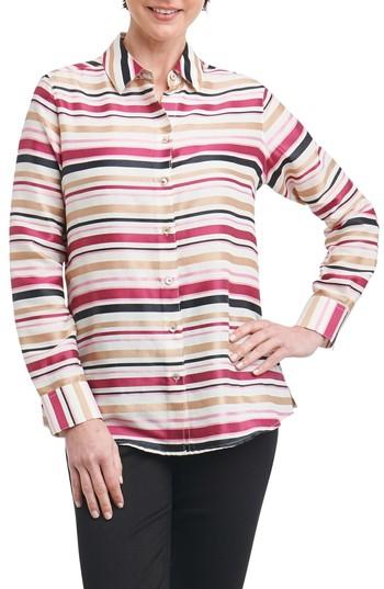 Petite Women's Foxcroft Addison Stripe Print Sateen Shirt P - Brown