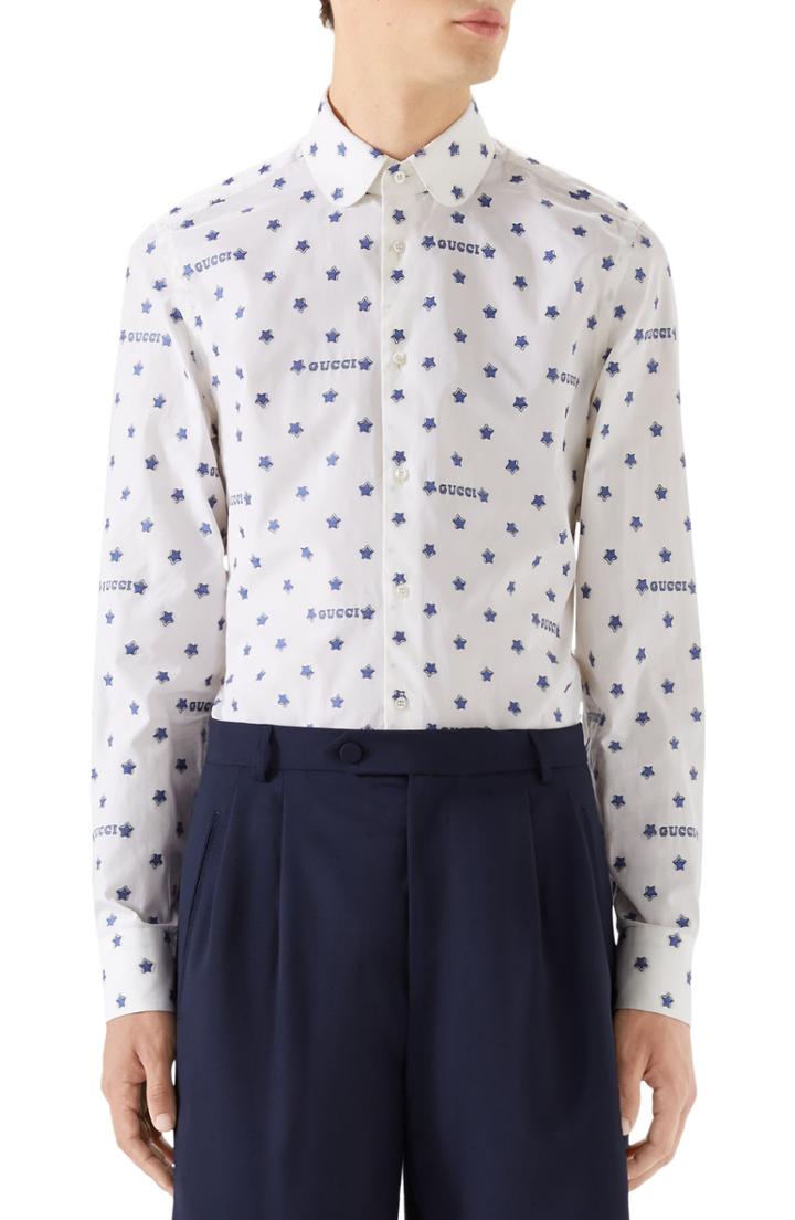 Men's Gucci Star Print Woven Shirt - White