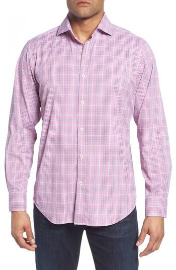 Men's Bugatchi Classic Fit Pin Check Performance Sport Shirt, Size - Pink