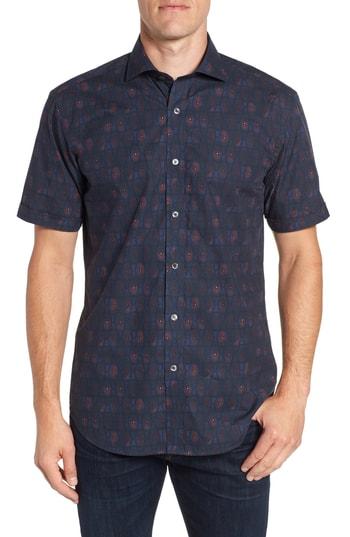 Men's Bugatchi Regular Fit Print Sport Shirt, Size - Blue