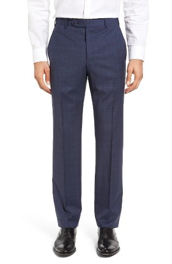 Men's Zanella Devon Flat Front Plaid Wool Trousers - Blue