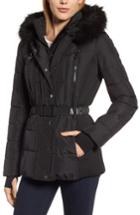 Women's Michael Michael Kors Belted Down Puffer Jacket With Faux Fur Trim - Black