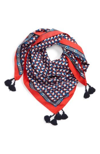 Women's Tory Burch Stallion Silk Square Scarf With Tassels, Size - Blue