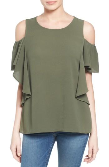 Petite Women's Bobeau Cold Shoulder Ruffle Sleeve Top P - Green