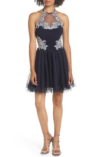 Women's Blondie Nites Applique Bodice Fit & Flare Halter Dress - Blue