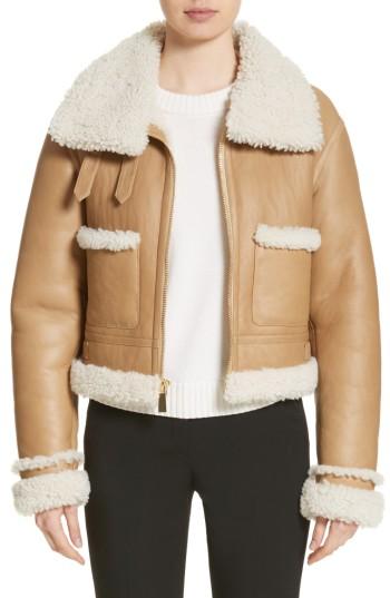 Women's Michael Kors Genuine Shearling Moto Jacket - Brown