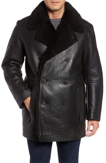 Men's Marc New York Frontier Double Breasted Genuine Shearling Jacket - Black