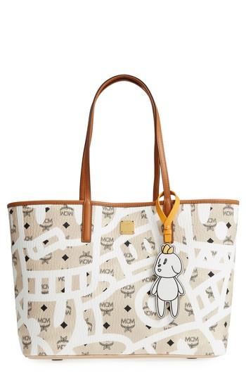 Mcm X Eddie Kang Medium Reversible Coated Canvas Shopper - Beige