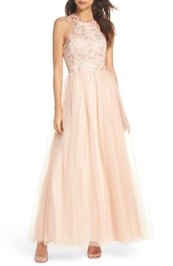 Women's Morgan & Co. Embroidered Bodice Fit & Flare Gown /4 - Pink