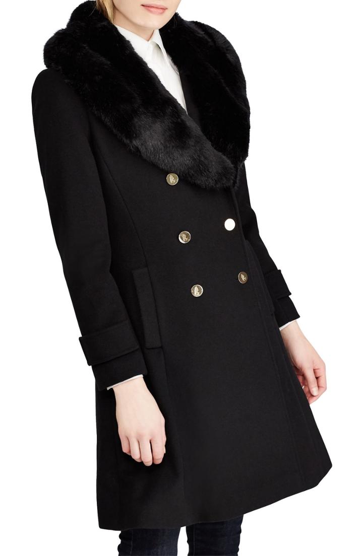 Women's Lauren Ralph Lauren Wool Blend Coat With Faux Fur Trim