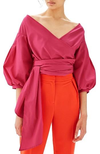Women's Topshop Puff Sleeve Wrap Top Us (fits Like 0) - Pink