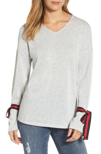 Women's Halogen Stripe Tie Sleeve Tunic Top - Grey