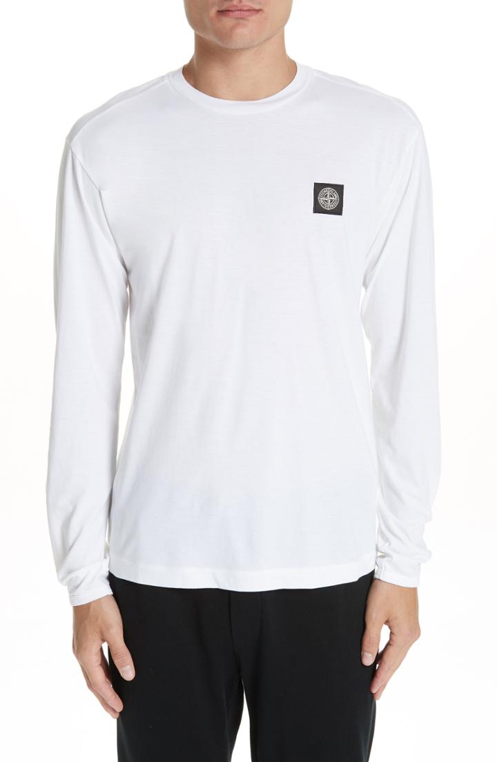 Men's Stone Island Logo Patch Long Sleeve Cotton Tee, Size - White
