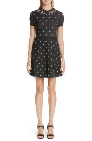 Women's Valentino Embellished Collar Floral Jacquard Dress - Black