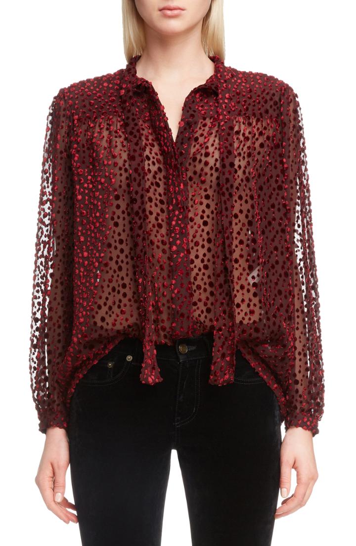 Women's Saint Laurent Tie Neck Sheer Blouse Us / 38 Fr - Burgundy