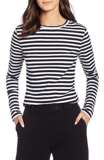 Petite Women's 1901 Rib Crewneck Stretch Cotton Top, Size P - Black