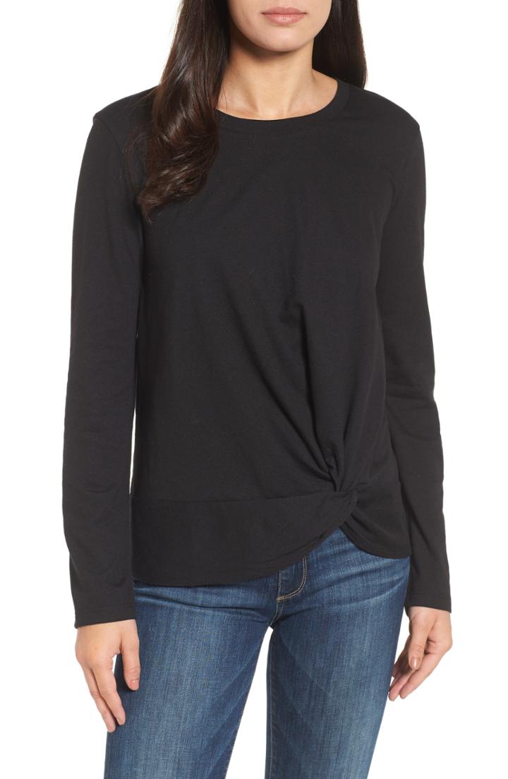 Women's Caslon Long Sleeve Front Knot Tee, Size - Black