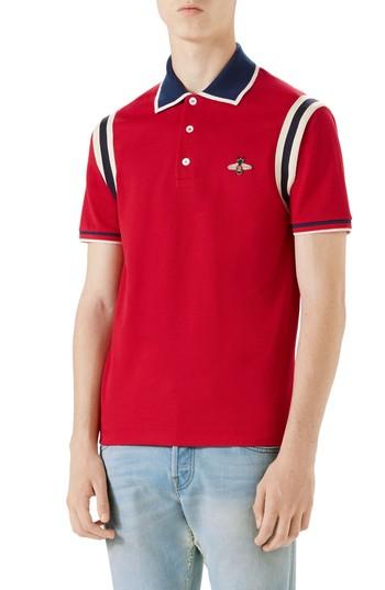 Men's Gucci Stripe Sleeve Bee Polo - None