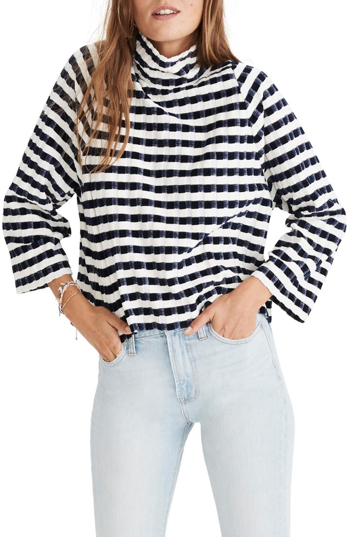 Women's Madewell Texture & Thread Velvet Stripe Mock Neck Top, Size - Blue