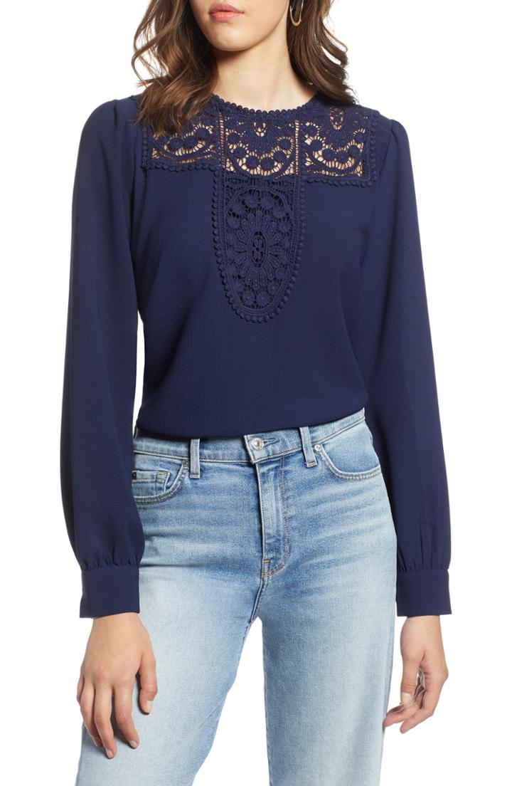 Petite Women's Halogen Lace & Crepe Blouse P - Blue