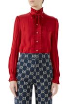 Women's Gucci Tie Neck Ruffle Detail Silk Blouse Us / 38 It - Red
