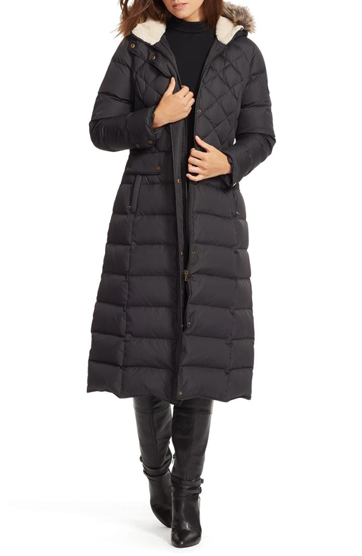 Women's Lauren Ralph Lauren Faux Fur Trim Long Quilted Coat, Size - Black