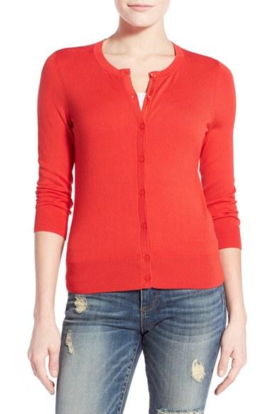 Women's Halogen Three Quarter Sleeve Cardigan, Size - Red