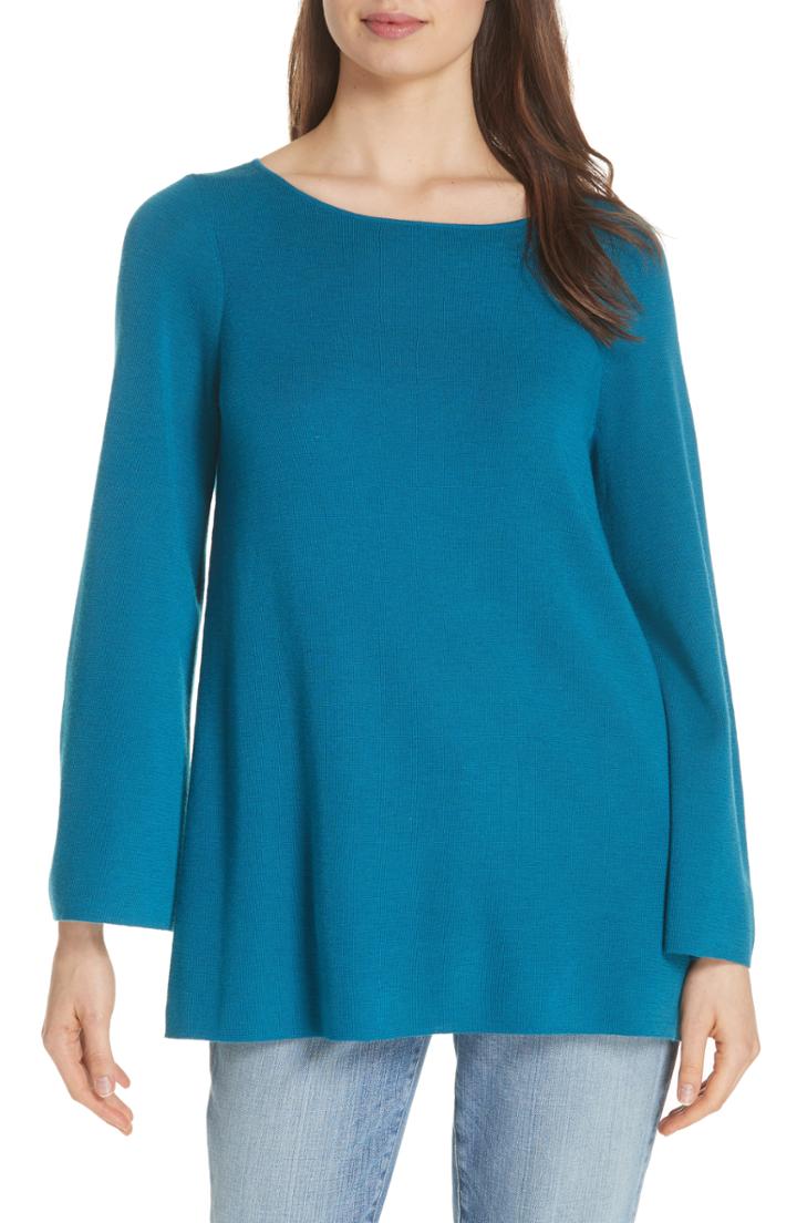 Women's Eileen Fisher Bateau Neck Merino Wool Tunic Top, Size - Blue