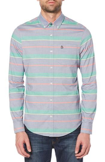Men's Original Penguin Stretch Stripe Button Down Shirt - Blue