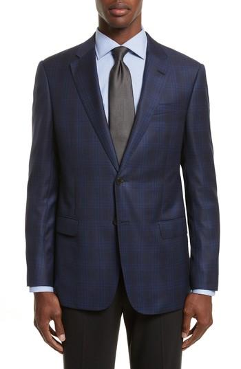 Men's Armani Collezioni G-line Trim Fit Houndstooth Wool Sport Coat Us / 50 Eu R - Blue
