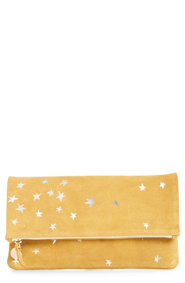 Clare V. Margot Star Print Foldover Suede Clutch - Yellow