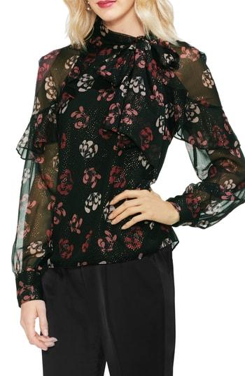 Women's Vince Camuto Ruffle Sleeve Tie Neck Top - Black